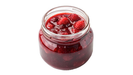 Glass jar filled with sweet raspberry jam isolated on transparent background © Ramsey