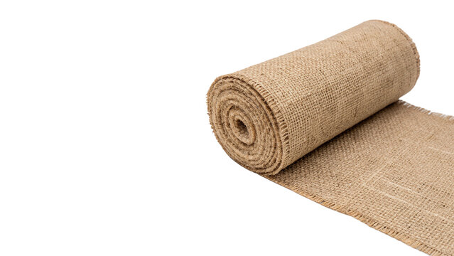 Rolled roll of coarse rustic brown burlap fabric isolated on transparent background