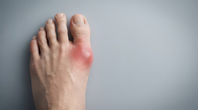Swollen big toe with red inflamed joint suggests medical foot pain and possible gout requiring clinical evaluation