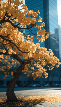Blooming tree branches with light brown flowers against blue sky