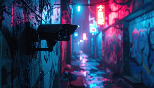 Surveillance camera mounted on graffiti wall at night.