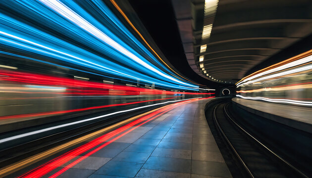 High-speed car lights tunnel motion blur at night