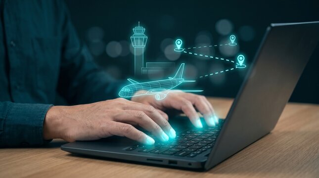 Person using a laptop with a digital holographic interface showing aviation flight routes with holographic projection airplane airplane airport navigation