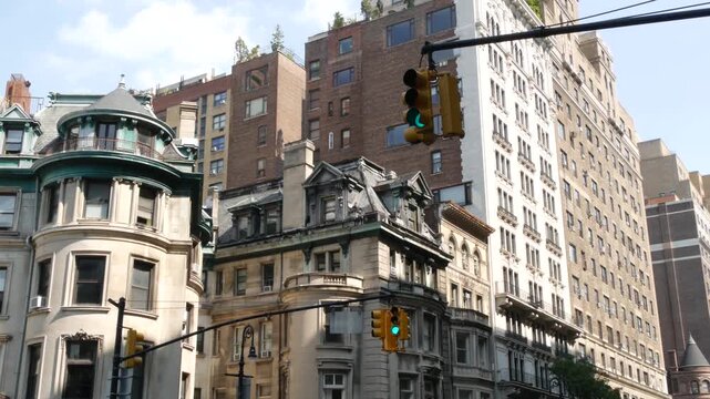 New York City urban buildings architecture in residential district, Manhattan Upper West Side 72 street, United States of America. Old historic house in USA. Classic corner near Riverside park.