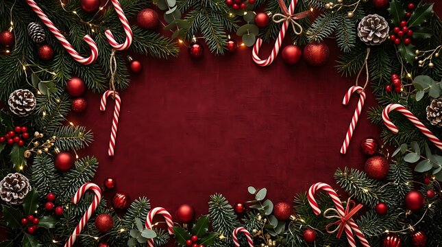 Dark red velvet christmas background with candy canes and ornaments