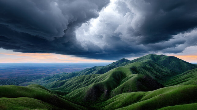Aerial view storm clouds over green mountain landscape dramatic sky rolling hills nature outdoor scenic