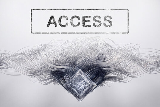 Grafica astratta con struttura geometrica e flussi digitali sotto la parola ACCESS. Ideale per concetti di tecnologia, rete, connessione, sicurezza informatica e accesso ai dati.