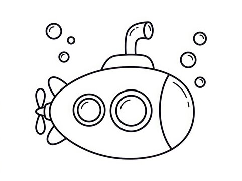 Cute cartoon submarine with periscope and bubbles, simple black and white line art illustration for coloring book page