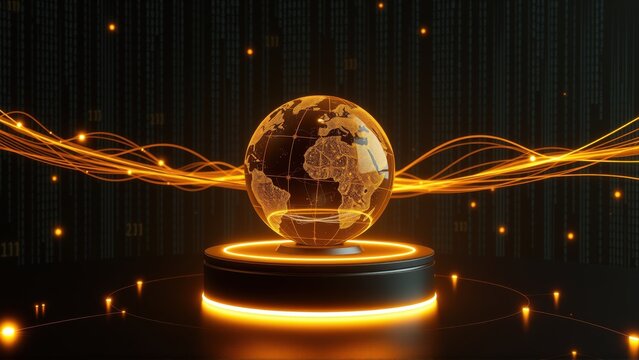 Glowing globe rests upon pedestal. Digital streams radiate outward, surrounded by binary code. Futuristic, vibrant presentation.