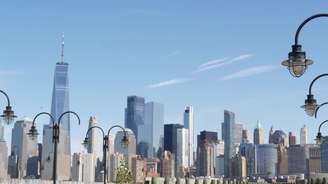 New York City Manhattan Downtown Financial District skyline, World Trade Center tower from New Jersey Liberty state park, United States. Pier lantern lamps and urban cityscape, skyscraper buildings.