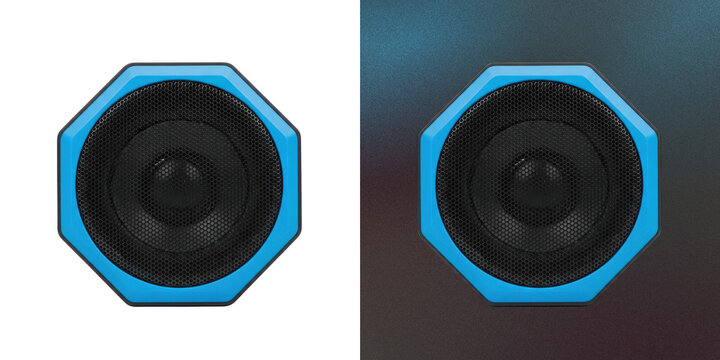 Round speaker audio equipment with vibrant blue frame for sound systems.