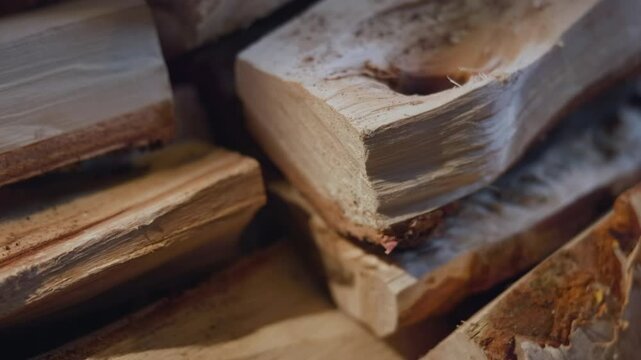 Close up stacked split firewood with rough cut ends, visible grain, bark edges, and dry fibrous texture under warm light