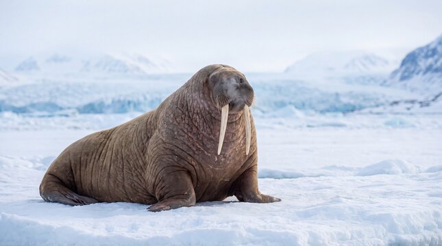 Large walrus resting on a massive ice floe in the frozen arctic ocean during a cold winter