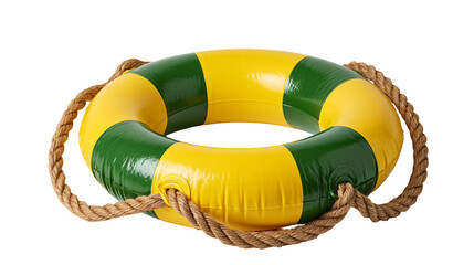 Yellow and green striped inflatable life buoy with thick brown rope © Isadora