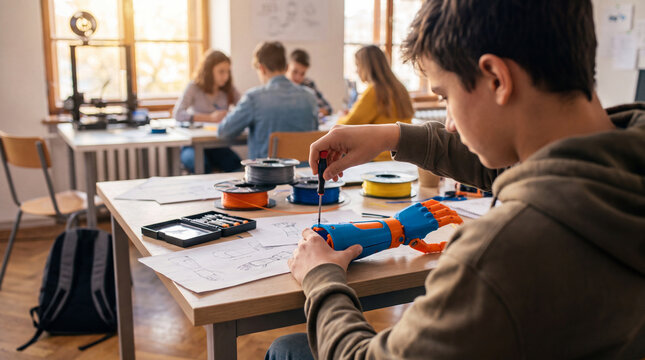 Teen student assembling robotic arm in school makerspace