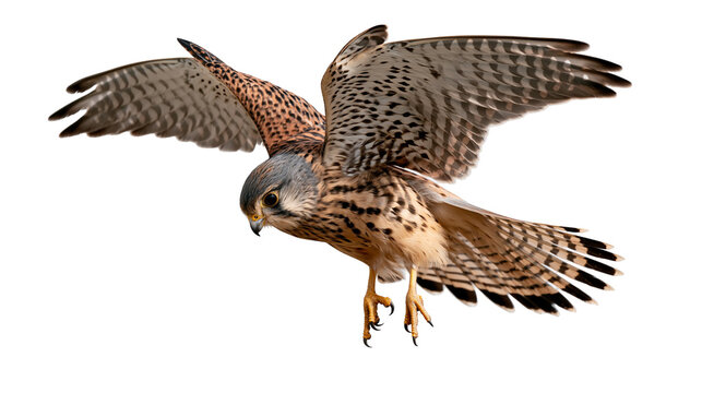 Common kestrel bird in flight with wings spread wide and sharp talons visible