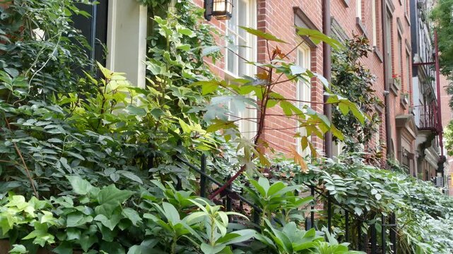 New York City urban residential buildings architecture, Manhattan classic street, Greenwich village, United States of America. Typical red brick house in NYC, real estate property in USA. West village