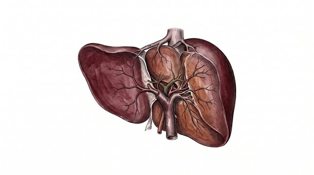 Anatomical Human Liver Illustration with Ink and Watercolor Style