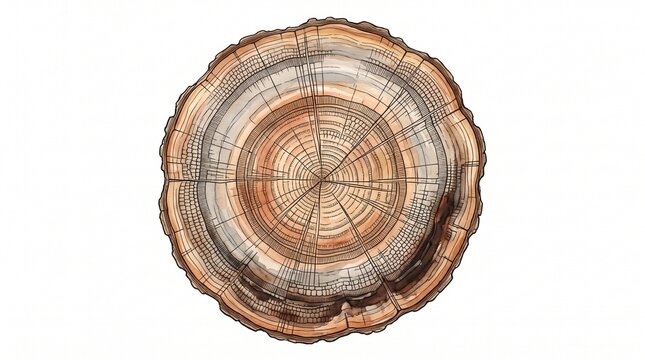 Watercolor and Ink Illustration of Petrified Wood Cross Section