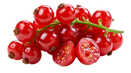 Fresh red currants on a green stem with one berry sliced in half © Isadora