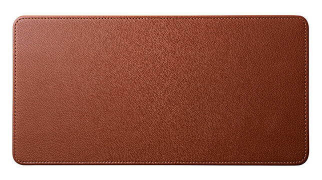 Rectangular brown leather desk mat with stitched edges
