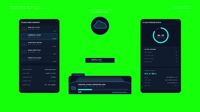 Creative studio assets bulk upload and cloud storage sync animation with file management, transfer progress and digital workspace UI on Background Green Screen for chroma key compositing