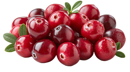 Fresh ripe red cranberries with green leaves and water droplets © Isadora