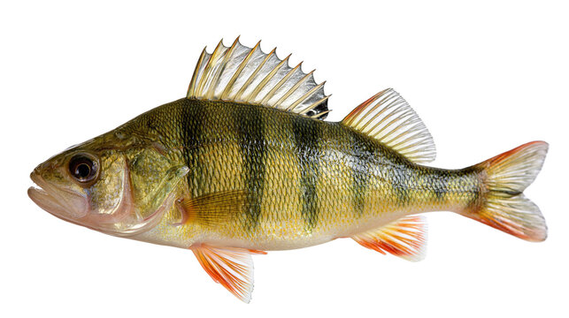 European perch with green striped scales and orange fins