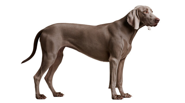 Elegant Weimaraner dog standing in profile with short grey coat