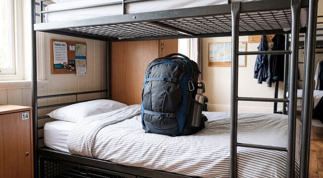 Large blue and grey hiking backpack sitting on a bunk bed in a hostel room, striped bedding, metal frame, travel tips on wall. Travel, tourism, backpacking, hospitality.