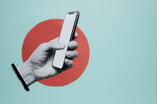 Hand holding smartphone mockup against red circle and blue background