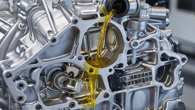 Fresh yellow lubricating oil is being poured into a metallic automotive mechanical engine component, showing lubrication work.