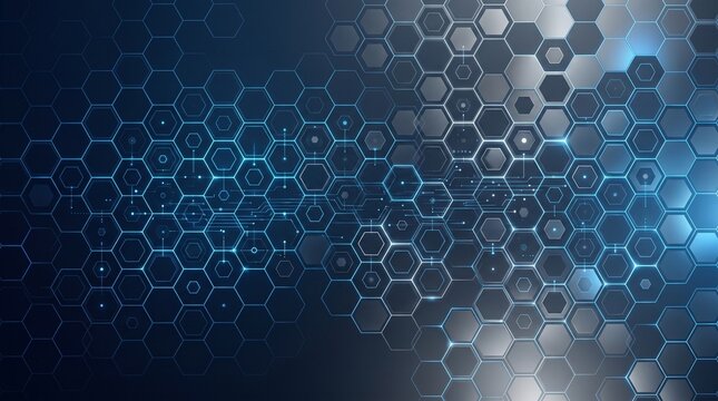 Abstract digital background featuring a glowing blue hexagonal grid pattern with interconnected circuit lines on a dark gradient surface with pattern connected hexagons