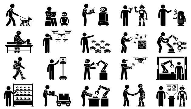 Future technology icons set featuring artificial intelligence autonomous drones humanoid robots and automated machinery
