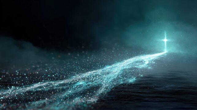 A luminous cross formed by a radiant light emanates from a distant doorway, illuminating a swirling pathway of glowing particles in a dark. ..Created with Generative AI, not depicting real subjects.
