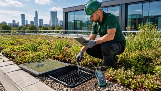 Worker checks green roof system with a measuring device while sitting near a meter and city skyline in the background on a sunny day
