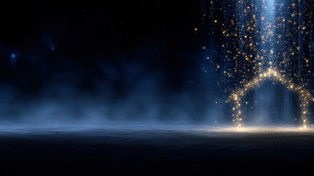 An illuminated archway made of glowing particles emerges from a dark, misty, blue, and black background, with golden sparks raining down. ..Created with Generative AI, not depicting real subjects.