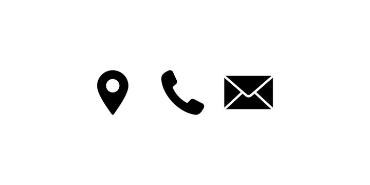 Contact information icons set with pin phone and envelope in black color.