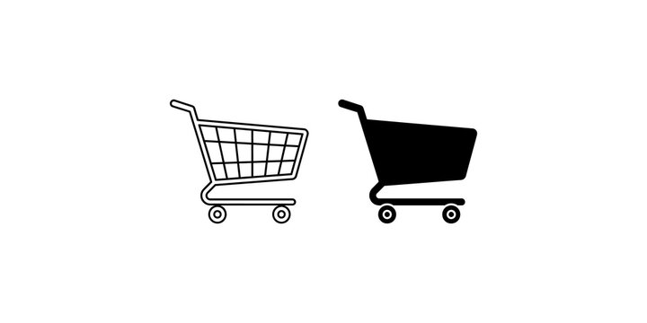 Empty shopping cart black and white icons for retail e-commerce business store.