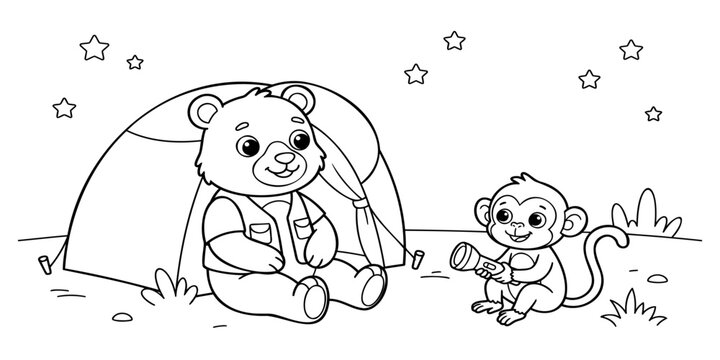 Cute cartoon bear and monkey sitting together under a large umbrella with stars in the sky