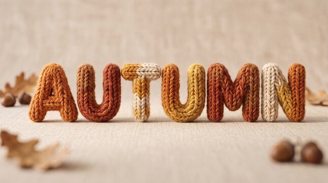 Knitted letters spelling the word autumn placed on a fabric surface with scattered dry oak leaves with fabric background surrounded three dimensional letters