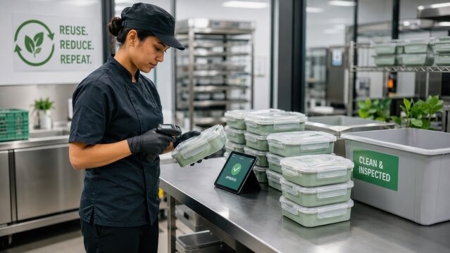 Worker scans containers in a food preparation area focused on reuse and sustainability in a commercial kitchen environment