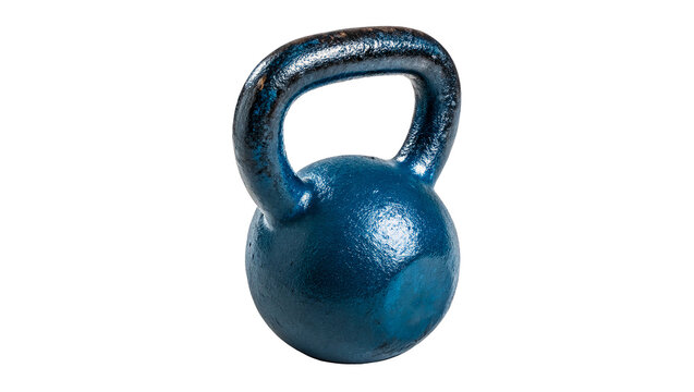 Blue heavy iron fitness kettlebell weight tool isolated on transparent background