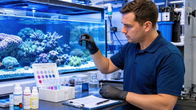 Scientist tests water samples while studying marine life in a coral reef aquarium during the day