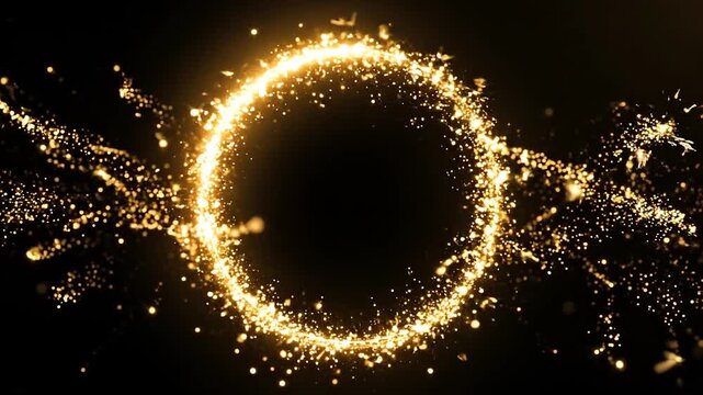 Circular frame made of shimmering gold dust particles with a glowing magical effect and luxury texture on black background