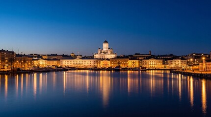 Obraz premium Helsinki waterfront skyline at blue hour with the cathedral