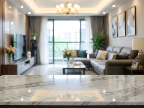 Empty white polished marble table top with soft focus modern living room interior background, ideal for product display and montage.