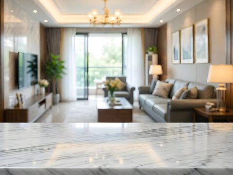 Empty white polished marble table top with soft focus modern living room interior background, ideal for product display and montage.