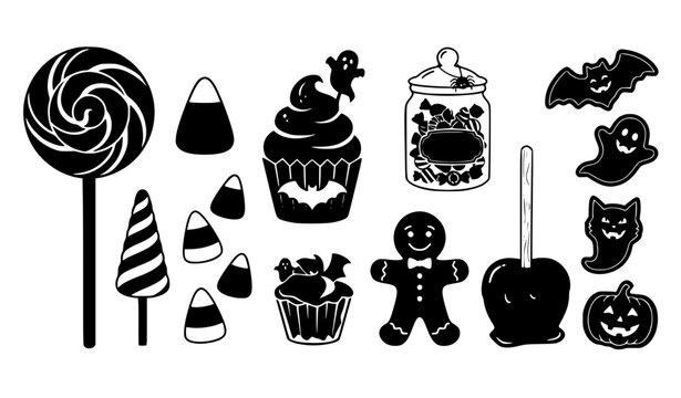 Spooky Halloween Treats Black Silhouette Candy and Cookie Vector Collection