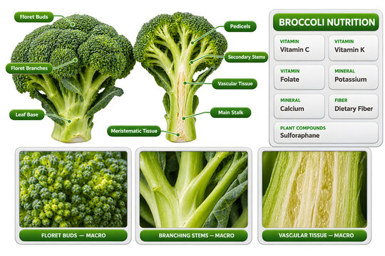 Realistic Broccoli Anatomy and Nutrition Scientific Infographic with Detailed Cutaway